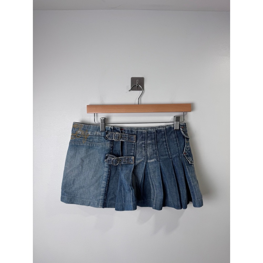 Miss Sixty Y2K Blue Denim Micro Mini Skirt Pleated Buckle Cargo Women Small